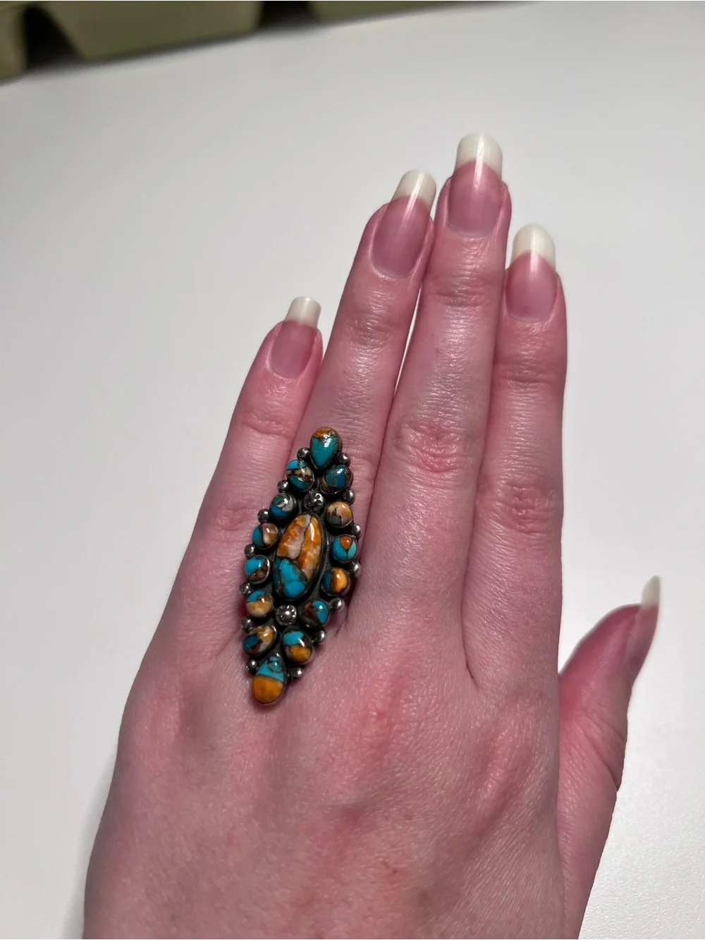925 Sterling Silver Multi-Stone Turquoise Cluster Ring Southwestern Style Size 6